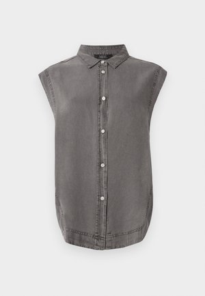 Grå ermeløs skjorte med krage, frontknaplukning og buet kant. Laget av myk stoff med subtil tekstur.