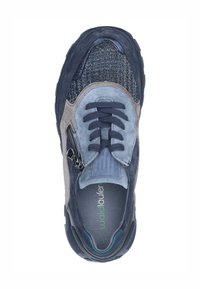 Blue and gray sneaker with mixed textures, including suede and mesh. Features laces, a side zip, and a thick rubber sole for support.