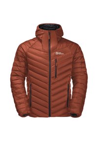 Veste isolante marron avec capuche, présentant un motif en chevron, deux poches zippées et un logo sur le coin supérieur gauche de la poitrine. Texture lisse.