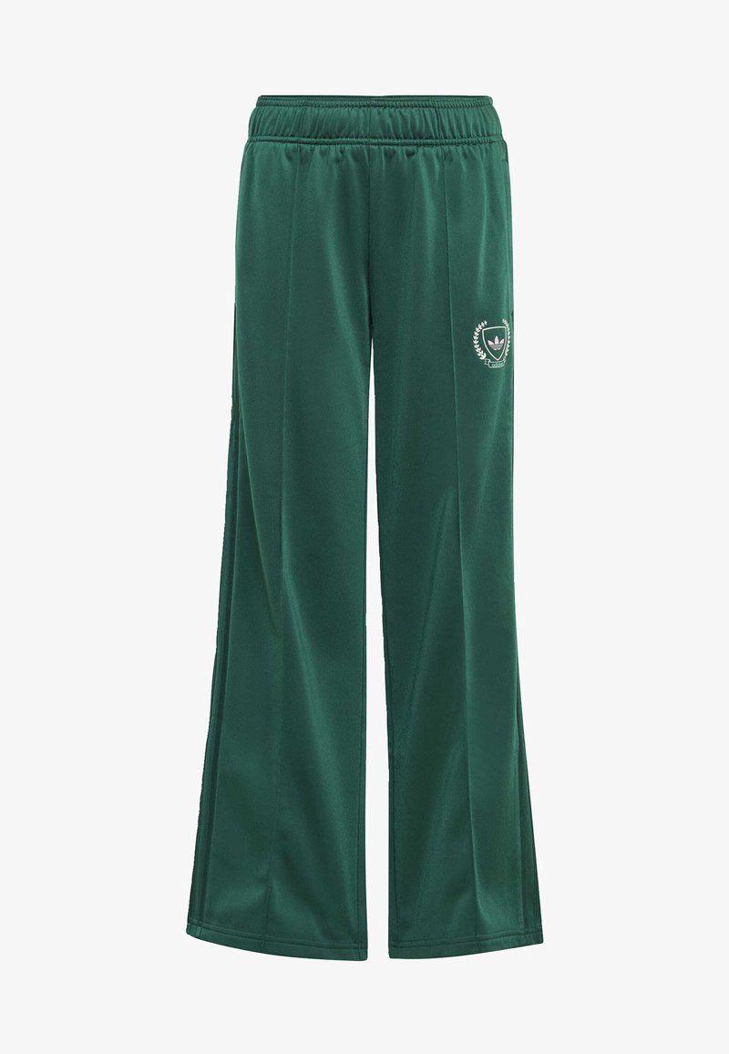 Pantaloni sportivi larghi e verdi realizzati in tessuto morbido, con vita elasticizzata e un piccolo logo stampato sul davanti.