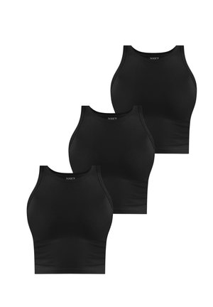 Black cotton crop tops with a high neckline and racerback design, featuring smooth texture and no visible patterns or hardware. Three pieces.
