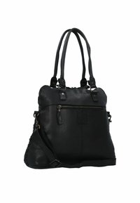 Borsa tote in pelle nera con doppi manici, chiusura a zip, tasca frontale e dettaglio laterale intrecciato. Texture liscia con dettagli in metallo.