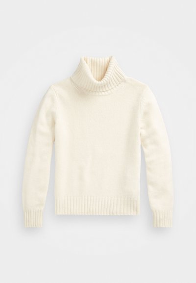 Cream-colored turtleneck sweater, knitted texture, ribbed collar and cuffs, fitted design, with a cropped length and soft finish.