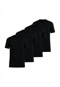 Svarta t-shirts med v-ringning och korta ärmar, gjorda av mjukt tyg. Fyra tröjor totalt, enhetlig design utan synliga mönster eller detaljer.