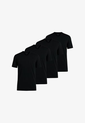 Schwarze V-Ausschnitt T-Shirts, kurzärmelig, aus weichem Stoff gefertigt. Insgesamt vier Shirts, einheitliches Design ohne sichtbare Muster oder Akzente.