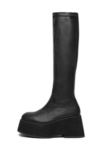 Botas negras de cuero hasta la rodilla, con una suela de plataforma gruesa y textura suave, con puntera redondeada y diseño sin costuras.