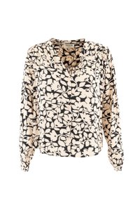 Blusa de manga larga en crema con un patrón floral negro, con un frente abotonado y puños fruncidos. La tela texturizada añade profundidad.