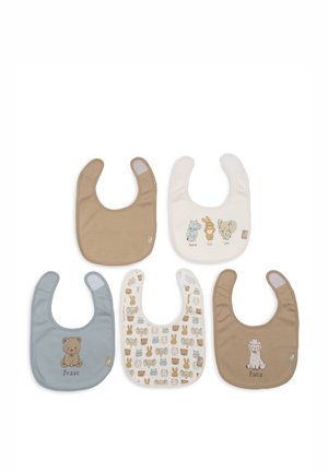 Five baby bibs in beige, white, and blue with animal illustrations and names, arranged in two rows on a white background.