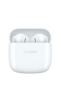 Kabellose Ohrhörer in einem weißen Ladegehäuse. Runde Form mit glänzender Oberfläche. "HUAWEI"-Logo auf der Vorderseite, grünes LED-Licht.