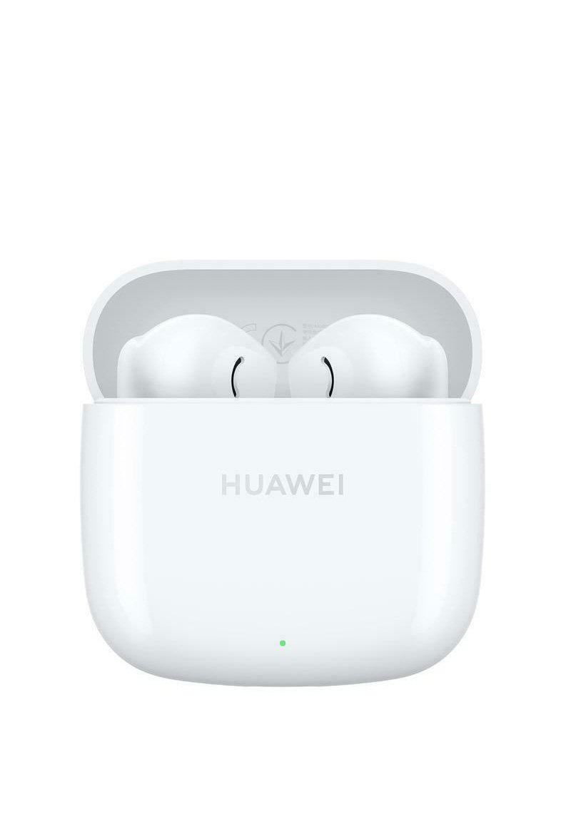 Kabellose Ohrhörer in einem weißen Ladegehäuse. Runde Form mit glänzender Oberfläche. "HUAWEI"-Logo auf der Vorderseite, grünes LED-Licht.