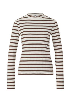 Langärmeliges, geripptes Oberteil mit Rundhalsausschnitt, das abwechselnd braune und weiße Streifen aufweist. Der Stoff hat eine strukturierte Optik.