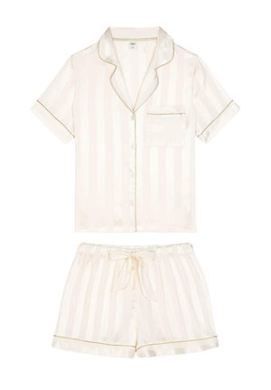 Jasny kremowy pajama w pasy, wykonany z miękkiego satyny, z krótkim rękawem, zapinany na guziki, z kieszonką oraz dopasowanymi szortami na sznurku z złotymi akcentami.