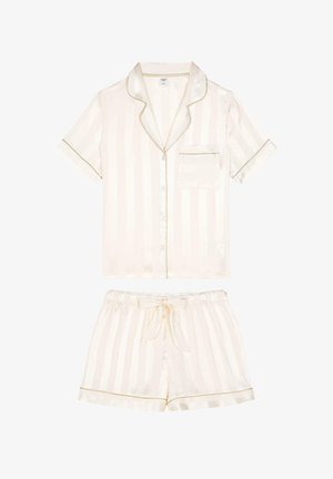Jasny kremowy pajama w pasy, wykonany z miękkiego satyny, z krótkim rękawem, zapinany na guziki, z kieszonką oraz dopasowanymi szortami na sznurku z złotymi akcentami.