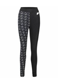 Czarne legginsy sportowe z wzorzystą lewą stroną i logo Nike oraz gładką czarną prawą stroną. Materiał jest gładki i elastyczny.