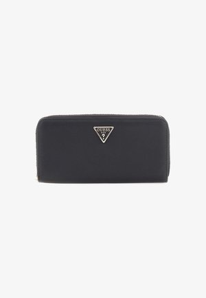 Portefeuille noir en matériau lisse, avec un logo en triangle argenté, une fermeture éclair et un design rectangulaire élégant.