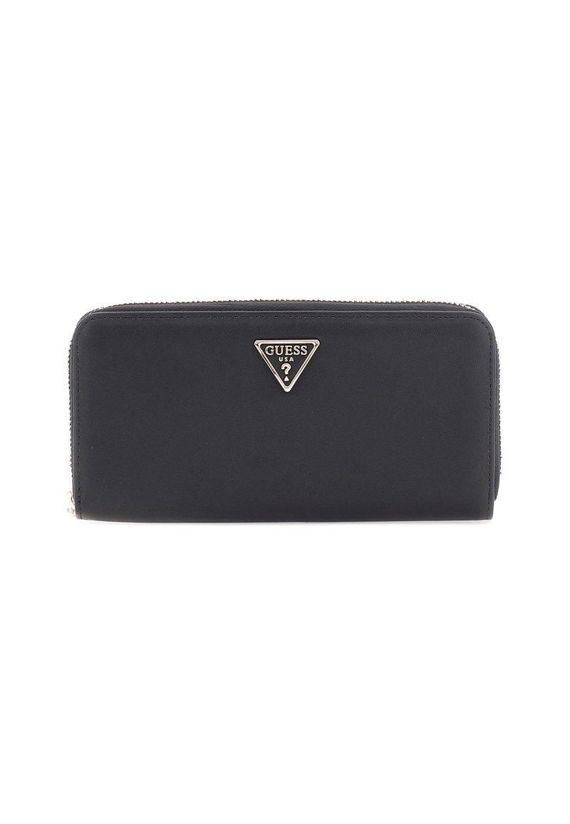 Portefeuille noir en matériau lisse, avec un logo en triangle argenté, une fermeture éclair et un design rectangulaire élégant.