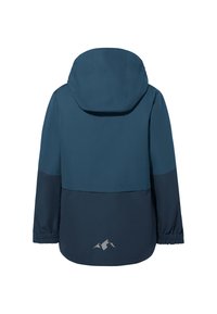 Veste imperméable de couleur bleu foncé avec capuche, poignets élastiques et une partie inférieure contrastante en marine. Présente un logo au bas.