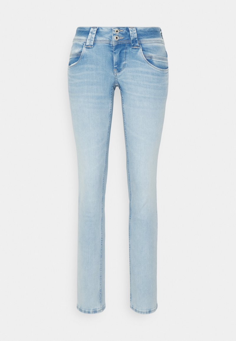 Hellblaue Jeans aus Denim mit geradem Schnitt, ausgestattet mit zwei vorderen Taschen, zwei hinteren Taschen und einem Knopfverschluss. Verwaschenes Muster.