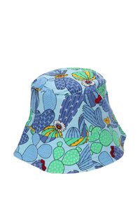 Kapelusz typu bucket w niebieski nadruk kaktusa z zielonymi i żółtymi akcentami, wykonany z materiału bawełnianego, o miękkiej teksturze i szerokim, zaokrąglonym brzegiem.