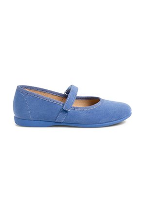 Blue suede flat shoe with a round toe, a Mary Jane strap, textile lining, and a low rubber sole. Smooth texture, simple design.