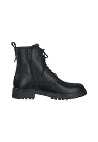 Botas de cuero negro hasta el tobillo con puntera redonda, cordones en la parte delantera, cremallera lateral y suela de goma texturizada para mayor agarre. Acabado suave con acentos mínimos.