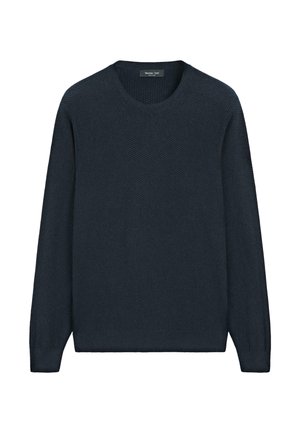 Pull en tricot bleu marine avec un col rond, manches longues, tissu texturé, et poignets et ourlet côtelés. Étiquette visible au niveau du col.