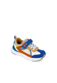 Zapatilla azul y blanca con una correa de velcro. Presenta acentos en naranja, verde y amarillo, texturas de malla y ante, y una suela acolchada.