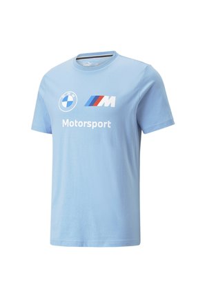 Hellblaues Baumwoll-T-Shirt mit kurzen Ärmeln. Mit BMW-Logo, M-Streifen und weißem "Motorsport"-Schriftzug. Rundhalsausschnitt, legere Passform.