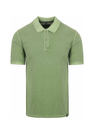 Grünes kurzärmliges Polohemd aus weichem Baumwollmaterial. Mit einem Kragen und zwei Knöpfen sowie einem gerade geschnittenen Saum.