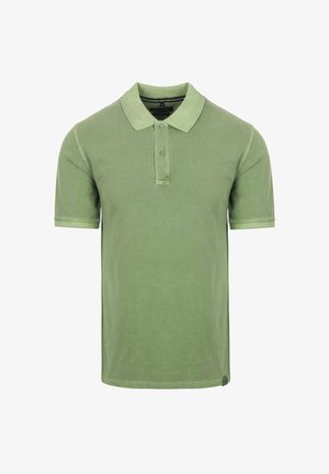 Grünes kurzärmliges Polohemd aus weichem Baumwollmaterial. Mit einem Kragen und zwei Knöpfen sowie einem gerade geschnittenen Saum.