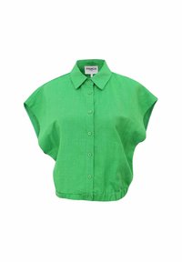 Green linen shirt with a collar, short drop sleeves, and a button-down front. Features a relaxed fit and gathered hem.