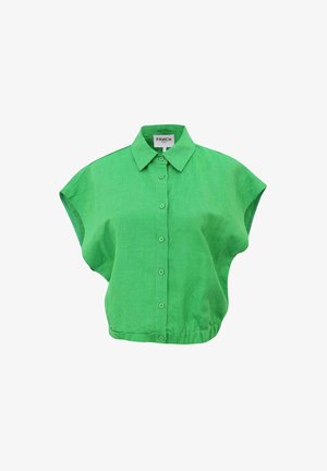 Groene linnen shirt met een kraag, korte drop-schouders en een knoopsluiting aan de voorkant. Heeft een ontspannen pasvorm en een geplooide zoom.