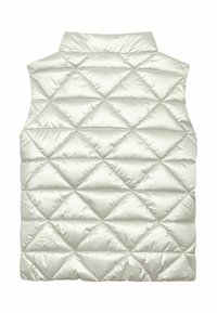 Lekki, bezrękawnik pikowany w jasnym metalicznym kolorze z diamentowym wzorem. Posiada stójkę i gładką, błyszczącą fakturę.