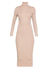 Robe en tricot côtelé beige avec un col montant et des manches longues, silhouette ajustée, longueur genoux et texture subtile. Aucun motif ni quincaillerie visible.