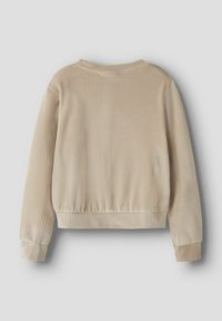 Beige geribbelde sweatshirt met lange mouwen, elastische zoom en manchetten. Zachte textuur met een eenvoudig, minimalistisch ontwerp. Achteraanzicht.
