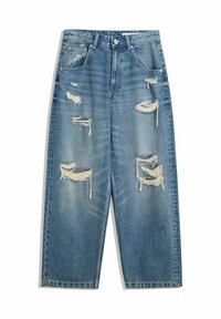 Blue denim jeans with multiple large distressed and ripped areas on front thighs and knees, straight-leg fit, and classic five-pocket design.