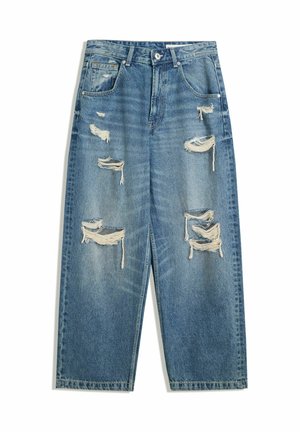 Blue denim jeans with multiple large distressed and ripped areas on front thighs and knees, straight-leg fit, and classic five-pocket design.