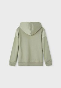 Hooded sweatshirt in light green with a smooth fabric texture. Features contrasting shoulder panels and ribbed cuffs and hem.