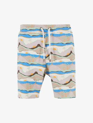 Kujundusega lühikesed püksid, millel on lainelised jooned beeži, sinise ja rohelise värviga, kujutades maastikke, kus on mäed, palmipuud ja päikesemotiivid. Puuvilla segu materjal.