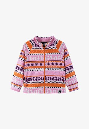Veste zippée multicolore présentant une variété de motifs, y compris des rayures et des silhouettes, dans des nuances de rose, d'orange et de violet.