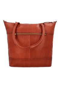 Sac fourre-tout en cuir orange brûlé, doté de deux anses, d'une poche zippée et d'une texture lisse avec des détails cousus.