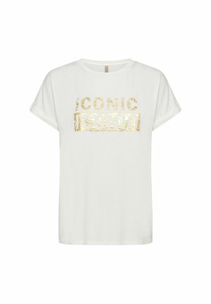 Hvid t-shirt med korte ærmer og opbukket kant med gylden metalisk tekst "ICONIC" med et bladmønster foran.