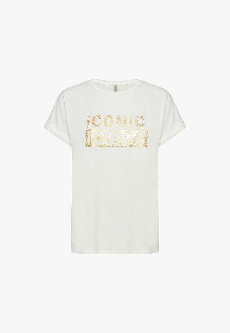 Witte korte mouwen T-shirt met opgerolde manchetten en gouden metallic tekst "ICONIC" met een bladmotief aan de voorkant.