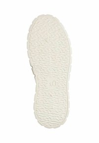 Suola di scarpa in gomma bianca con un motivo texturizzato e ondulato e battistrada definito. Include un logo rettangolare con la dicitura "s.O" e indicazione della taglia.