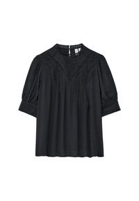 Schwarze Bluse mit runder Halslinie, kurzen Puffärmeln und aufwendiger floralem Stickerei entlang der Passe und Ärmel. Glatte Textur.