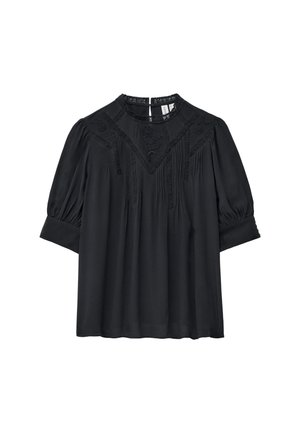 Black blouse with a round neckline, short puffed sleeves, and intricate floral embroidery along the yoke and sleeves. Smooth texture.