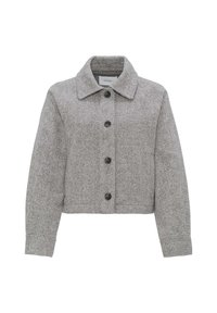 Veste en laine grise cropped avec un large col, des manches longues, quatre boutons noirs et une texture rayée diagonale subtile.