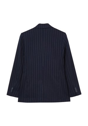 Blazer navy avec des rayures blanches verticales, design structuré, fente arrière unique et poignets à trois boutons. Texture du tissu lisse.
