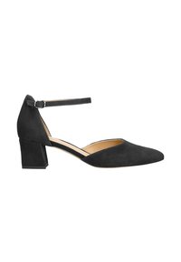 Décolleté in suede nero con punta affilata, tacco a blocco basso e cinturino alla caviglia. Presenta una texture liscia e un design classico.