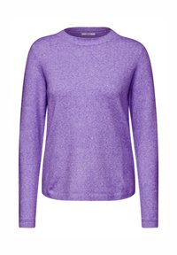 Lila Langarmpullover aus strukturiertem Stoff, mit runder Ausschnitt und gerippten Bündchen. Einfaches Design mit lockerer Passform.